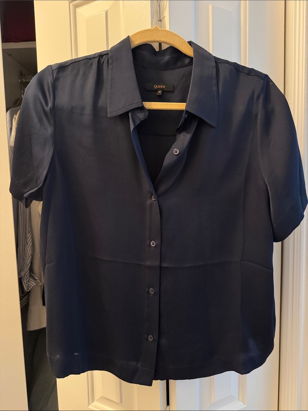 Quince Navy Washable Silk Short Sleeve Button Front Blouse